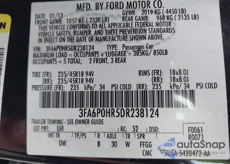 2013 Ford Fusion Se z USA, uszkodzony, nr VIN 3FA6P0HR5DR238124